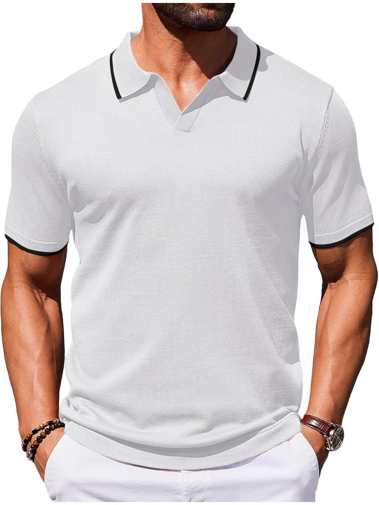 Men's White Viscose V-Neck Vintage Golf Short Sleeve Old Money Knit Polo Shirts